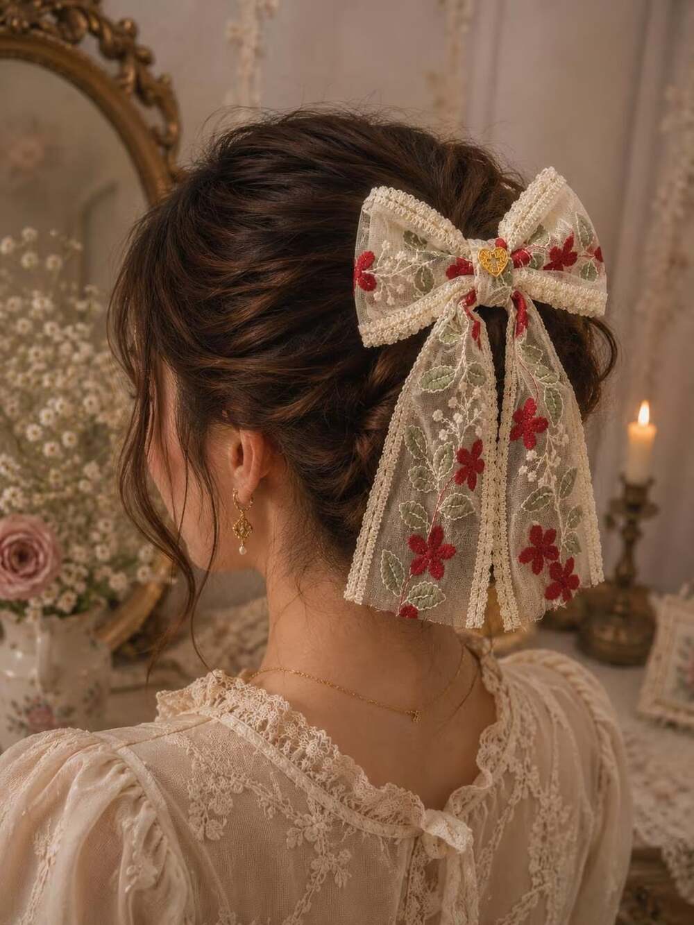 Romantic Floral Lace Hair Bow Gold Cross Cottagecore Statement Accessory